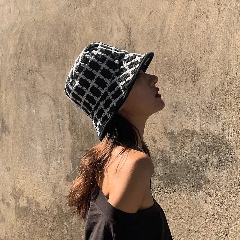 New Autumn Winter Women Bucket Hats Tweed Plaid Wide Brim Bucket Hats Panama Hats