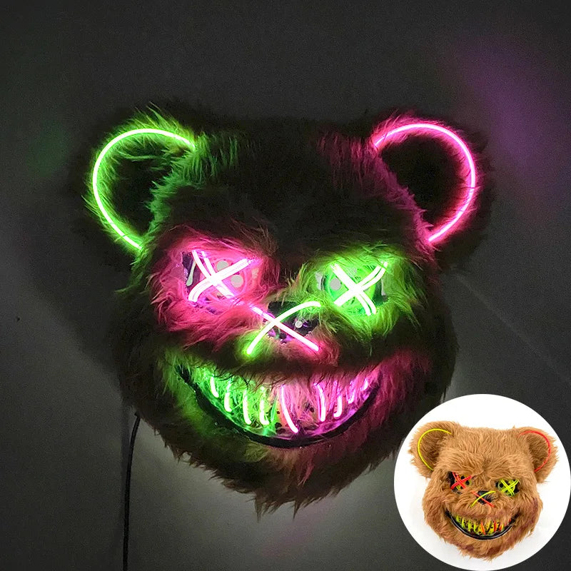 Hot Luminous LED Horror Mask for Halloween Cosplay Props Glowing Scary Mask Neon Light up Bloody Bear Mask Mascara Costume Decor