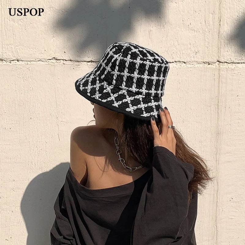 New Autumn Winter Women Bucket Hats Tweed Plaid Wide Brim Bucket Hats Panama Hats